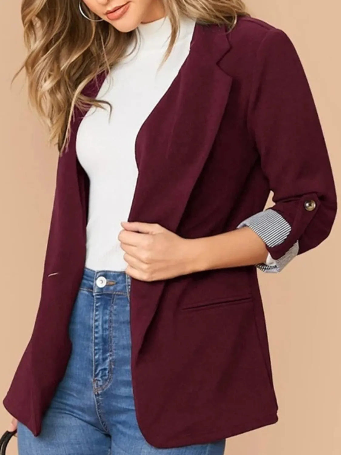 Lapel Collar Roll-Tab Sleeve Blazer - Wellen Fashion