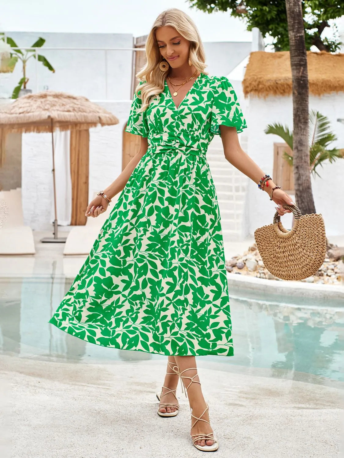 Printed Surplice Short Sleeve Midi Dress - Wellen Fashion