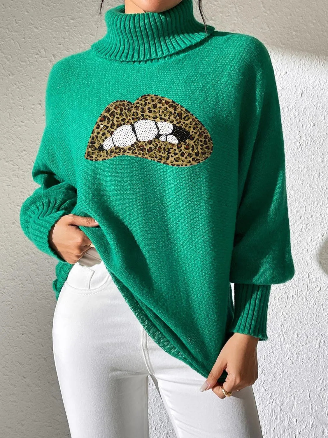 Lip Turtleneck Long Sleeve Sweater - Wellen Fashion