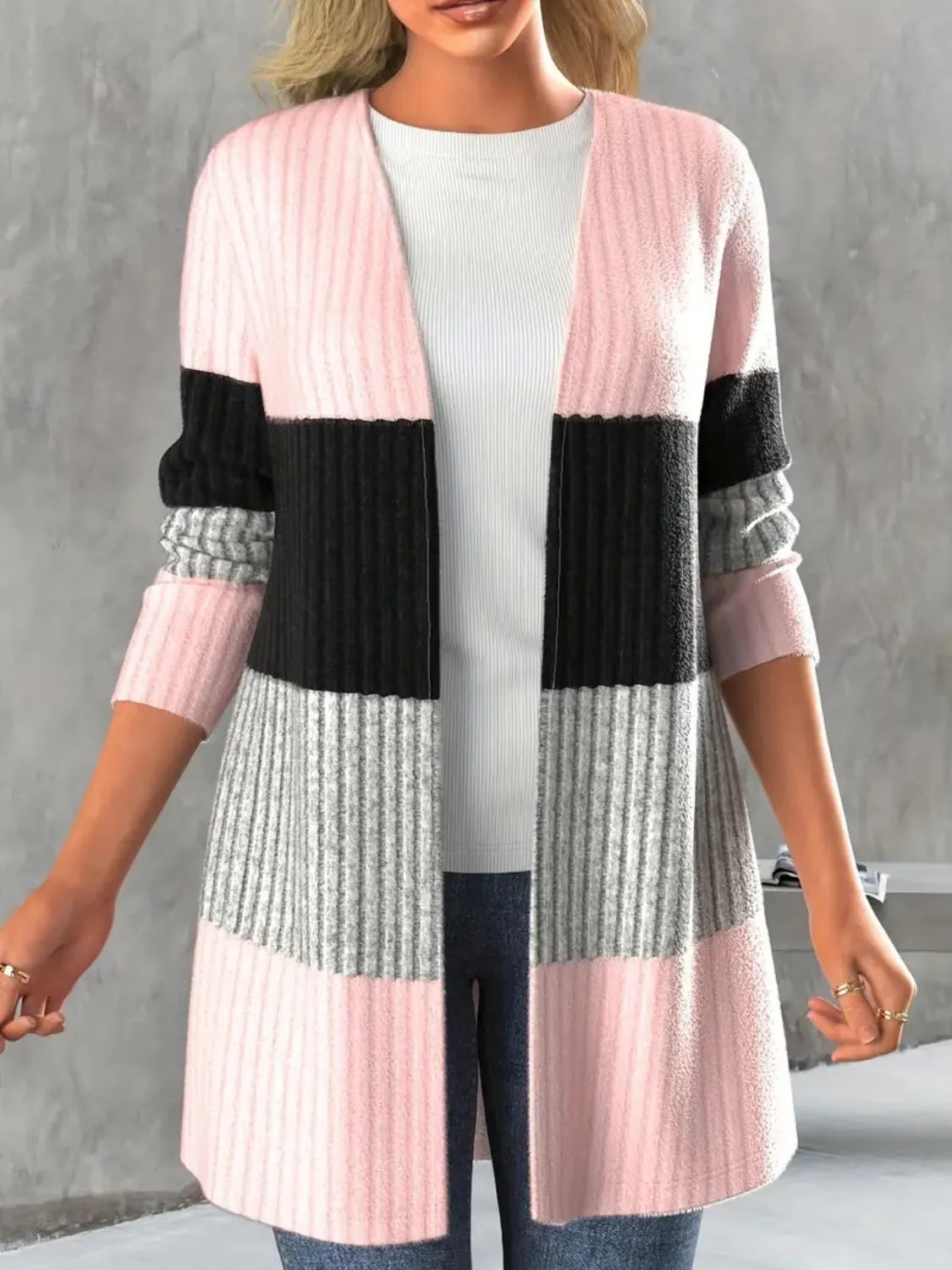 Color Block Open Front Long Sleeve Cardigan - Wellen Fashion