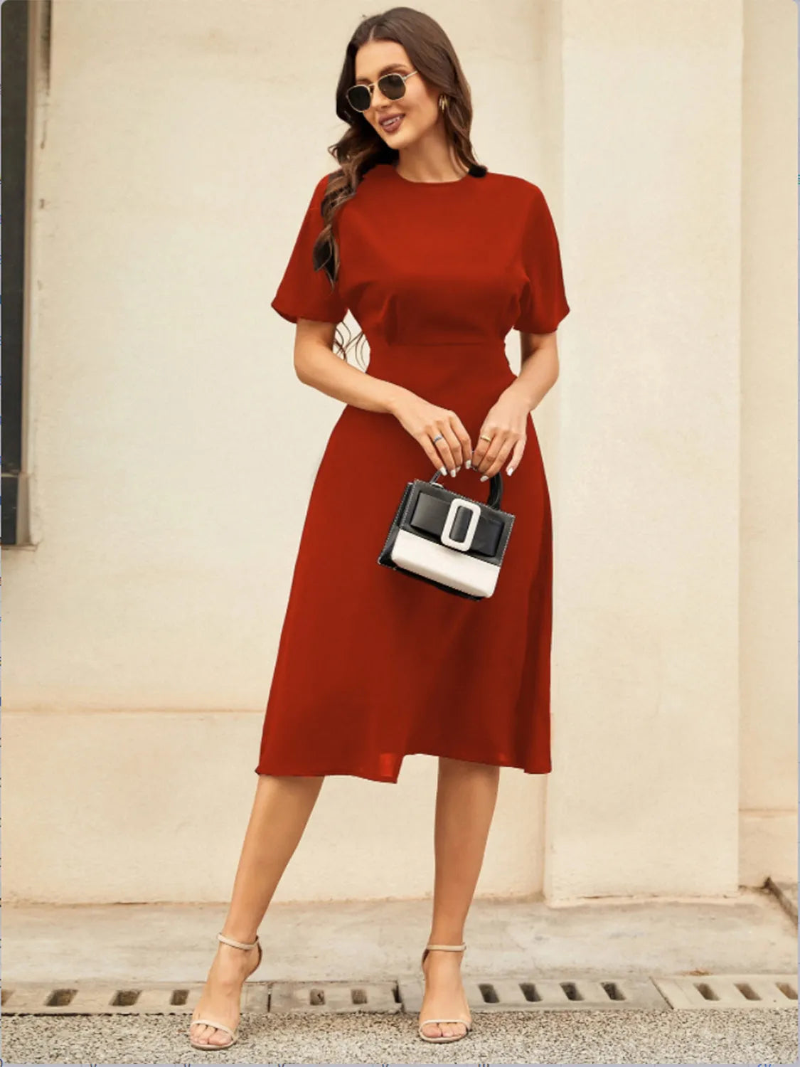 Round Neck Short Sleeve Midi Dress - Wellen Fashion