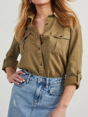 Collared Neck Roll-Tab Sleeve Denim Top - Wellen Fashion