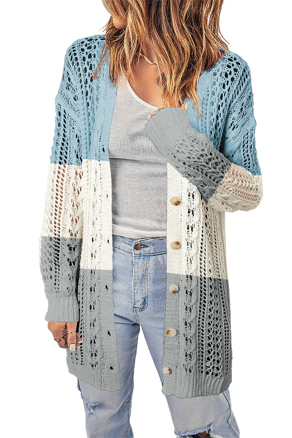 Double Take Openwork Ribbed Cuff Longline Cardigan - Wellen Fashion