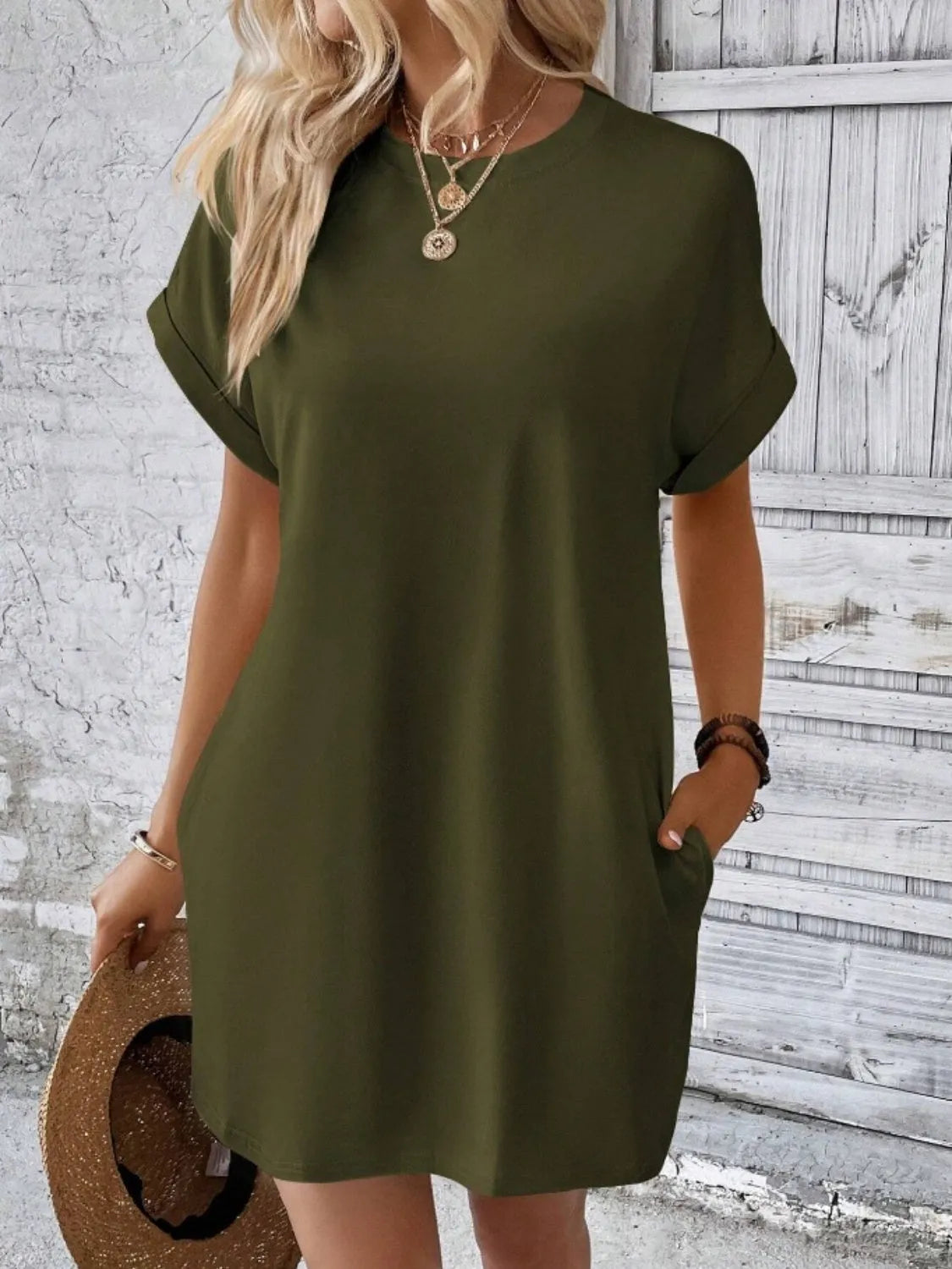 Pocketed Round Neck Short Sleeve Dress - Wellen Fashion