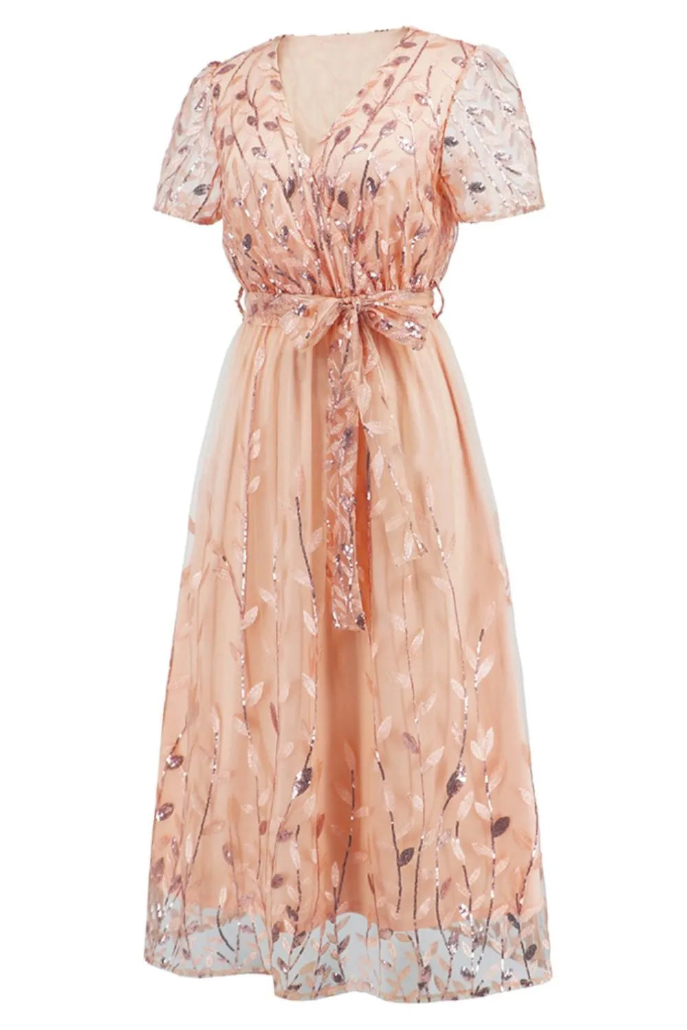 Sequin Leaf Embroidery Tie Front Short Sleeve Dress - Wellen Fashion