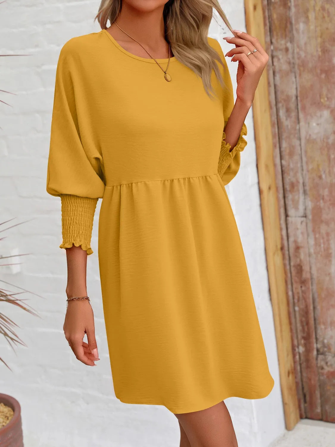 Round Neck Lantern Sleeve Mini Dress - Wellen Fashion