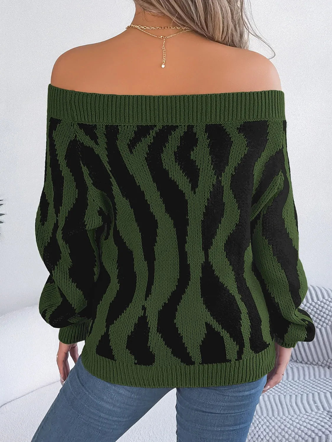 Off-Shoulder Animal Print Long Sleeve Sweater - Wellen Fashion