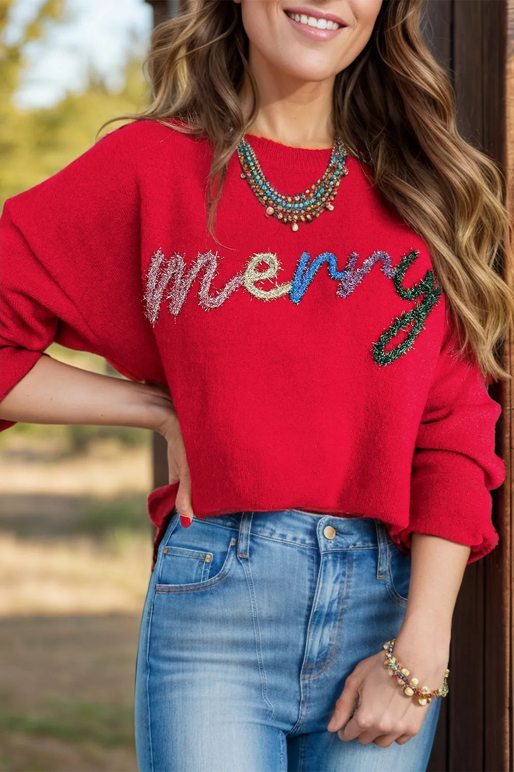 MERRY Round Neck Long Sleeve Sweater - Wellen Fashion