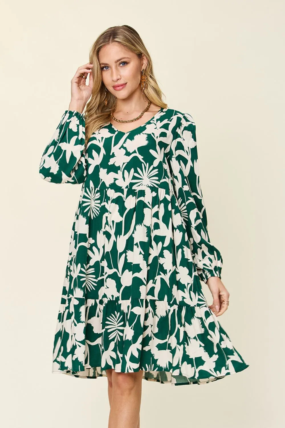 Double Take Full Size Printed Ruffle Hem Dress with Pocket - Wellen Fashion