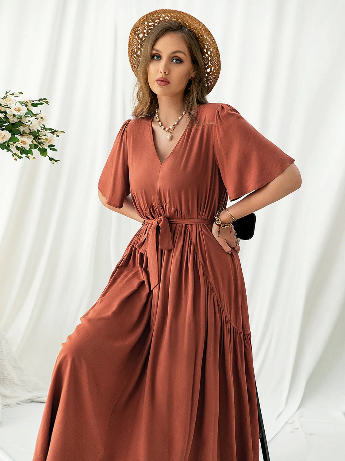 Plus Size V-Neck Flutter Sleeve Midi Dress - Wellen Fashion