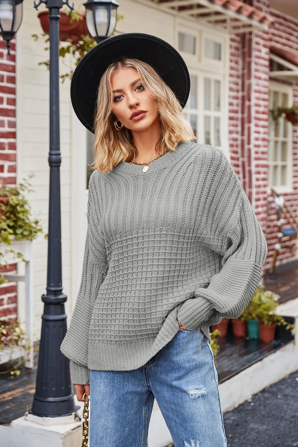 Ribbed Drop Shoulder Lantern Sleeve Sweater - Wellen Fashion