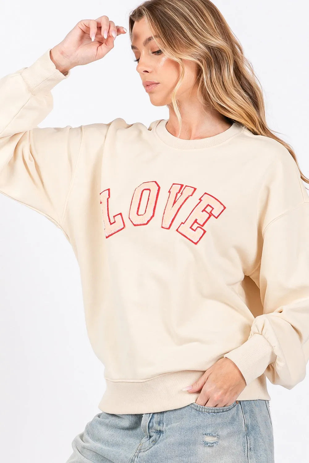 SAGE + FIG LOVE Path Applique Drop Shoulder Sweatshirt - Wellen Fashion