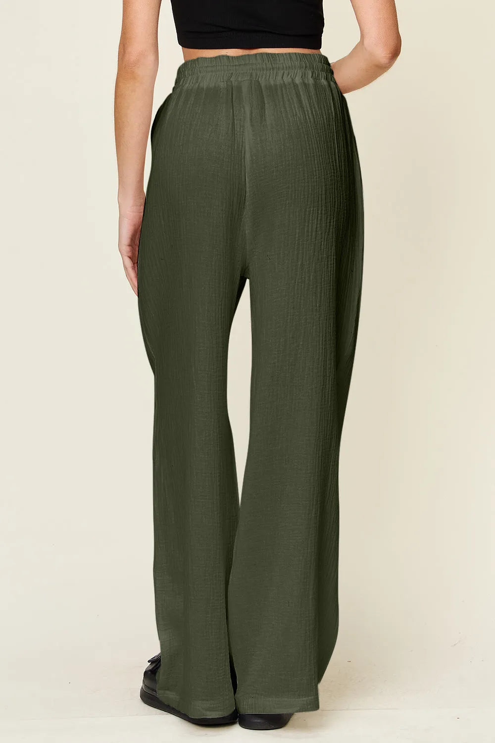 Double Take Full Size Texture Drawstring Wide Leg Pants - Wellen Fashion