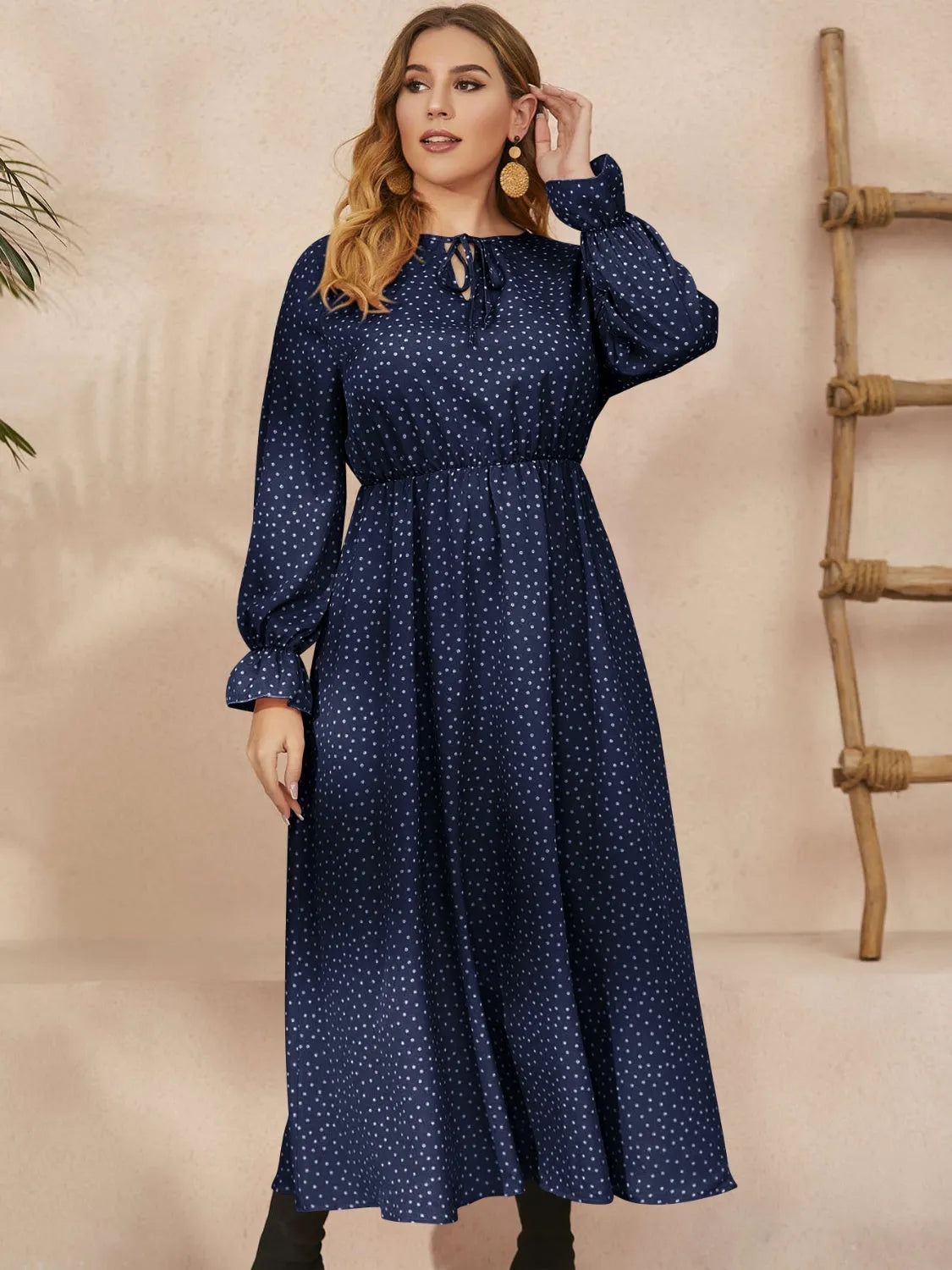 Honey Plus Size Ruffled Polka Dot Long Sleeve Midi Dress - Wellen Fashion