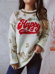 HAPPY Round Neck Long Sleeve Sweater - Wellen Fashion