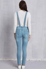 Distressed Washed Denim Overalls with Pockets - Wellen Fashion