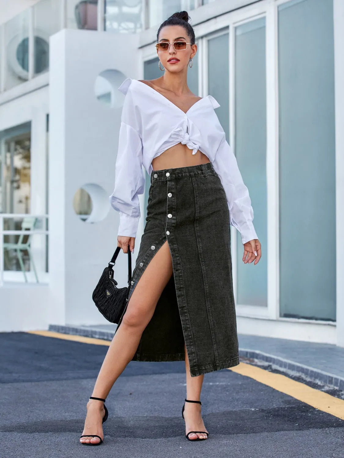 Button Down Denim Skirt - Wellen Fashion