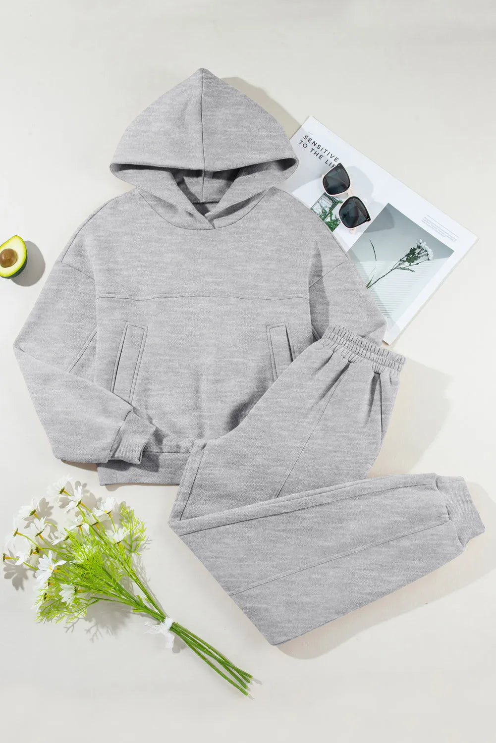 Dropped Shoulder Long Sleeve Hoodie and Pants Active Set - Wellen Fashion