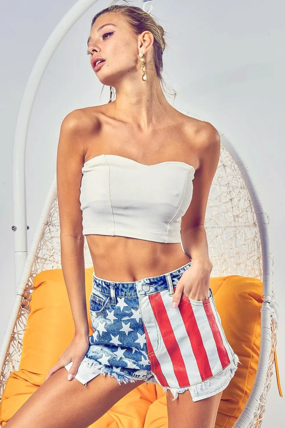 BiBi US Flag Theme Bleached Denim Shorts - Wellen Fashion