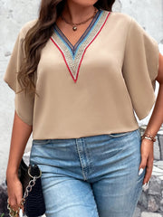 Honey Plus Size V-Neck Flutter Sleeve Blouse - Wellen Fashion