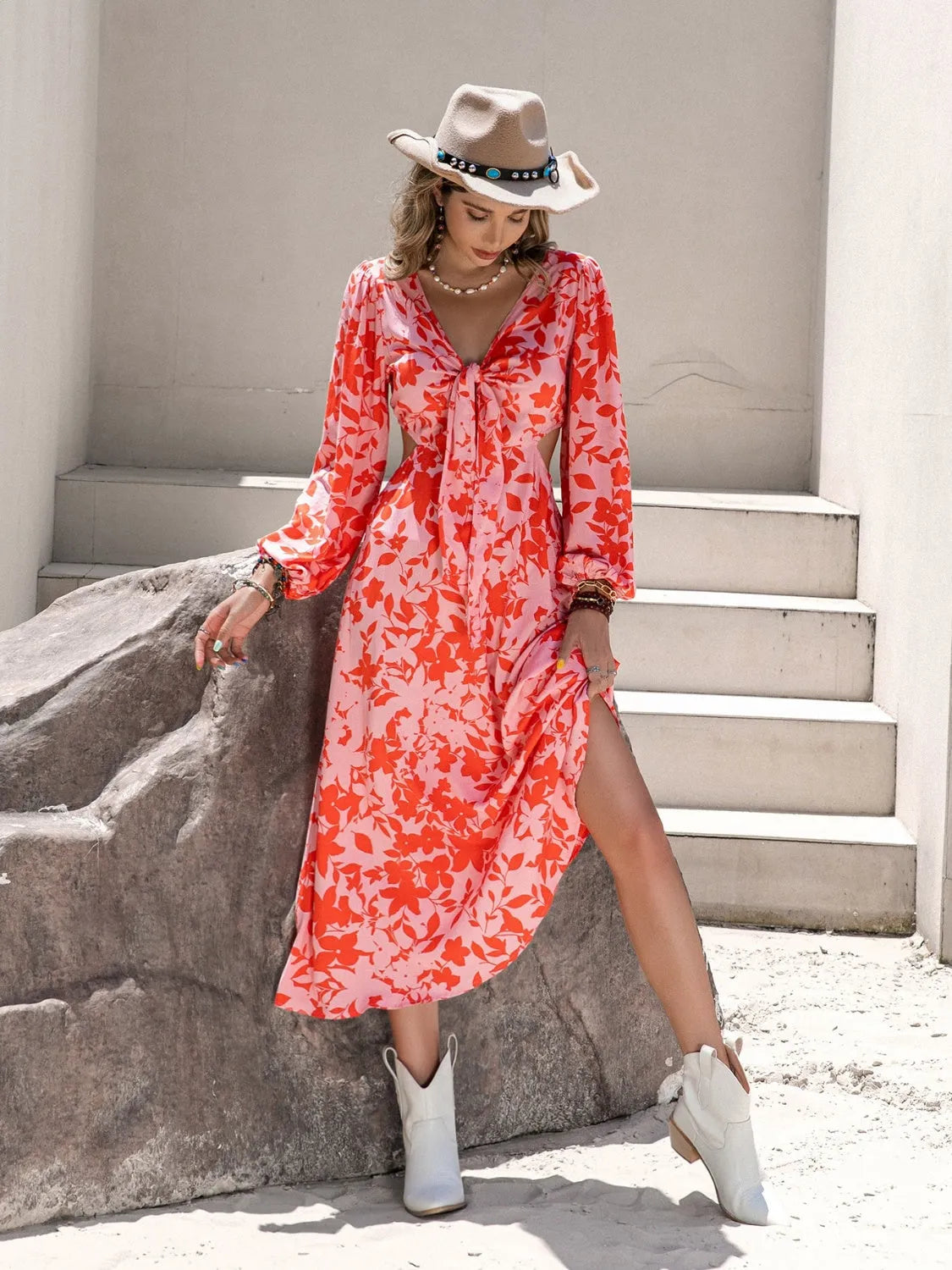 Tied Cutout Printed Long Sleeve Midi Dress - Wellen Fashion