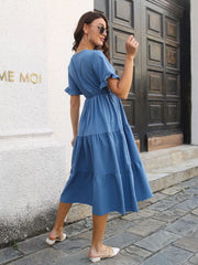 V-Neck Short Sleeve Midi Dress - Wellen Fashion