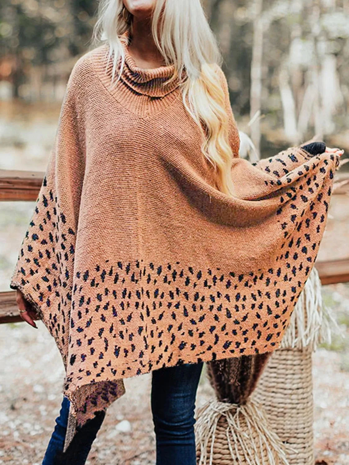 Leopard Turtleneck Poncho - Wellen Fashion