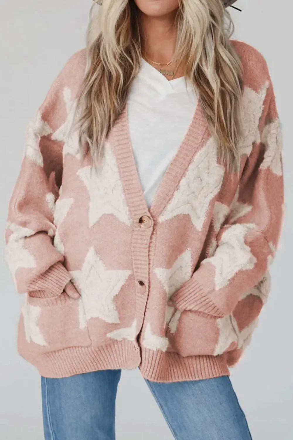 Star Button Up Long Sleeve Cardigan - Wellen Fashion