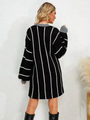 Striped V-Neck Long Sleeve Mini Dress - Wellen Fashion