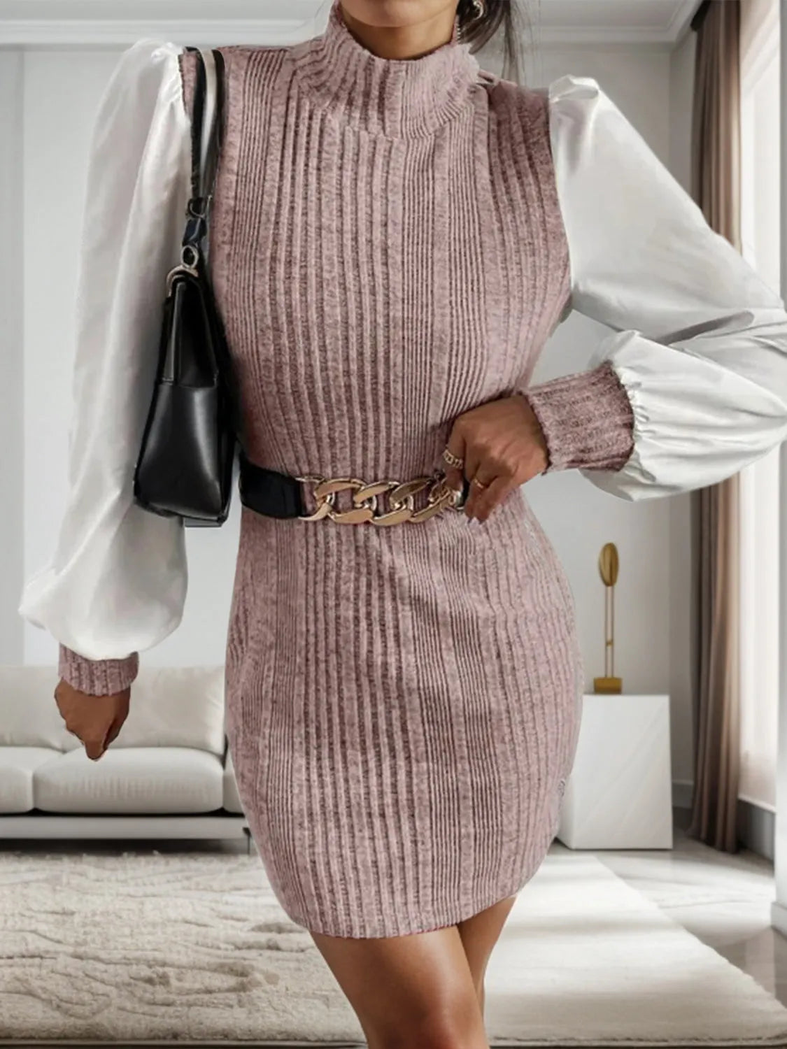 Ribbed Contrast Long Sleeve Sweater Dress - Wellen Fashion