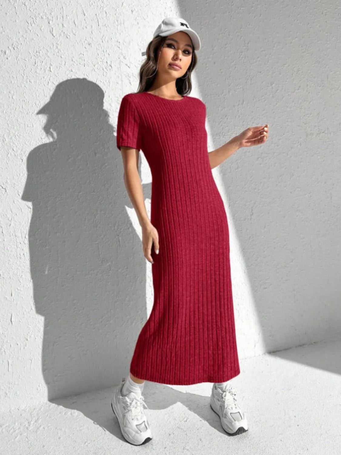 Slit Round Neck Short Sleeve Sweater Dress - Wellen Fashion