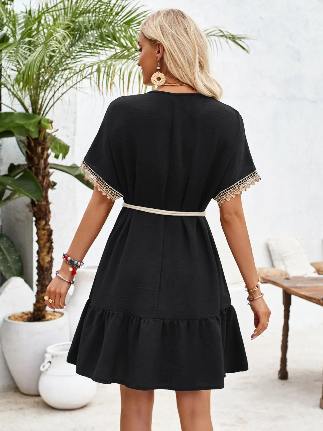 Ruffled V-Neck Half Sleeve Mini Dress - Wellen Fashion