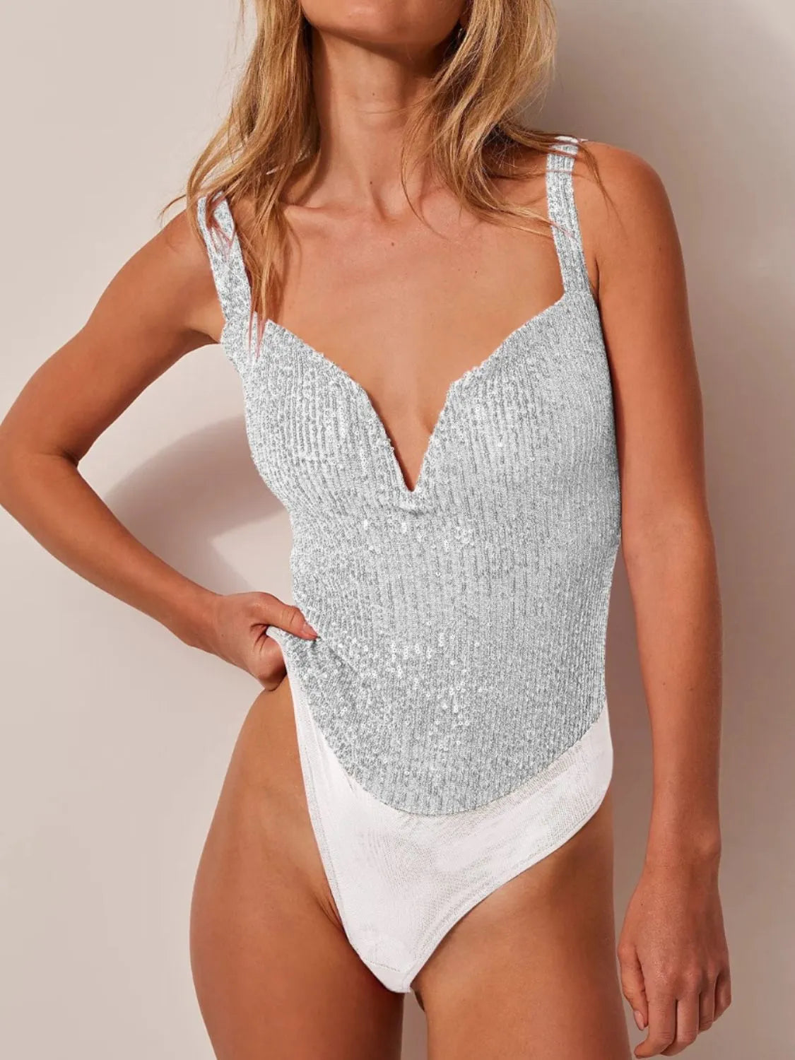 Sequin Wide Strap Bodysuit - Wellen Fashion