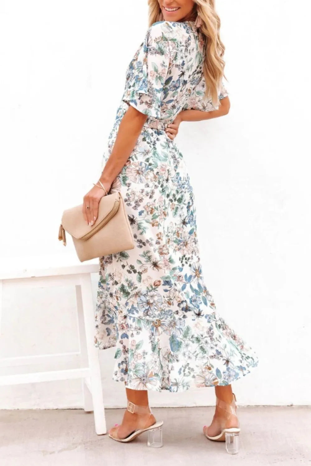 High-Low Printed Surplice Flutter Sleeve Midi Dress - Wellen Fashion