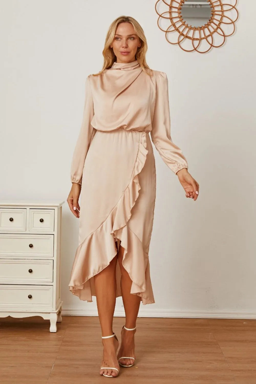 Mock Neck Ruffled Asymmetrical Dress - Wellen Fashion