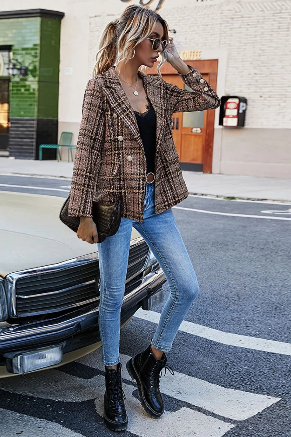 Full Size Plaid Buttoned Blazer - Wellen Fashion