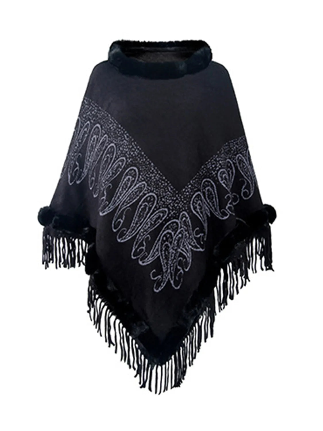 Graphic Fringe Cape Sleeve Poncho - Wellen Fashion