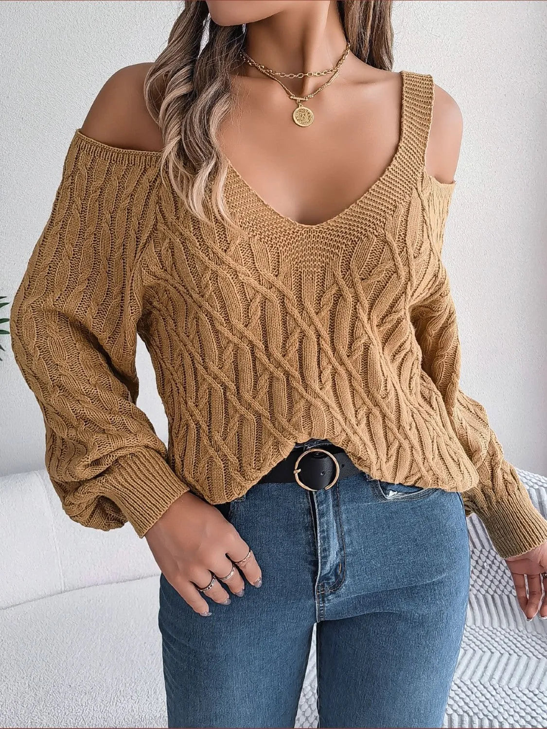 Cable-Knit Cold Shoulder Long Sleeve Sweater - Wellen Fashion