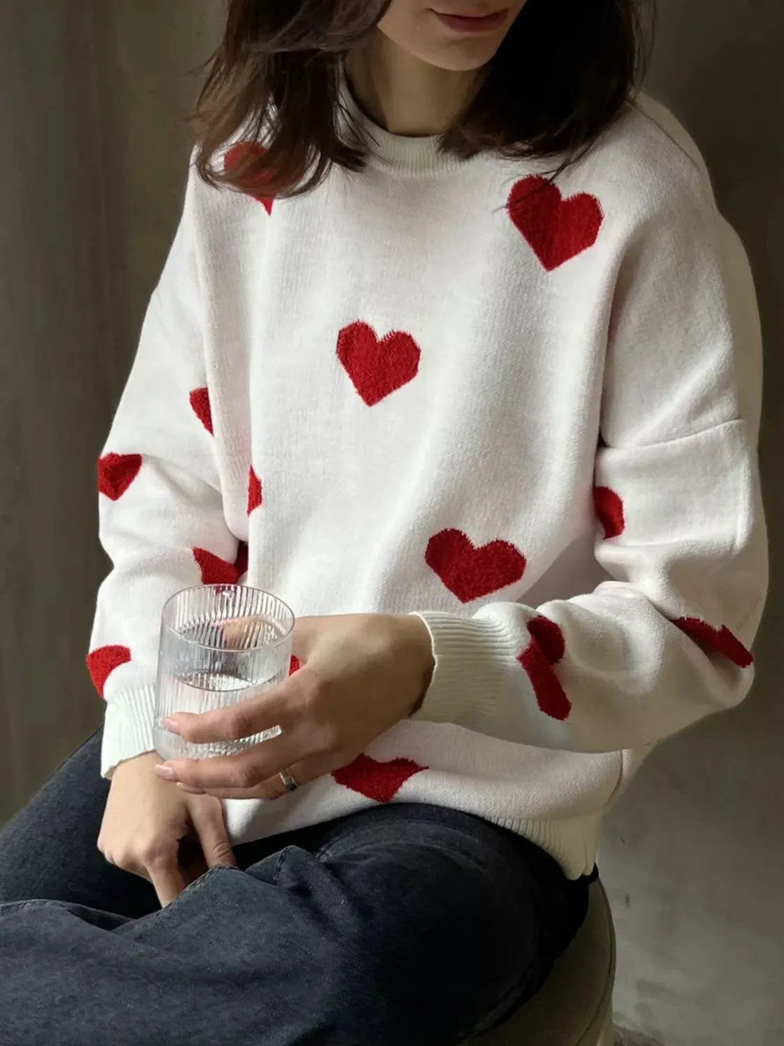 Heart Round Neck Dropped Shoulder Sweater - Wellen Fashion