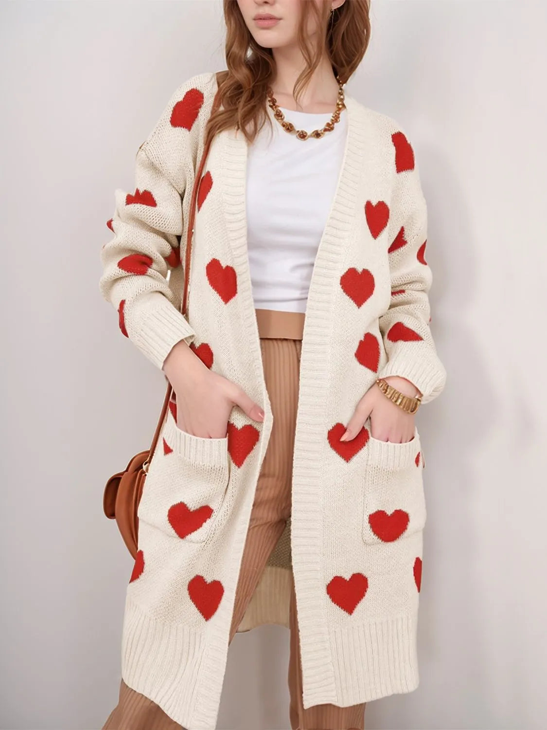 Heart Open Front Long Sleeve Cardigan - Wellen Fashion