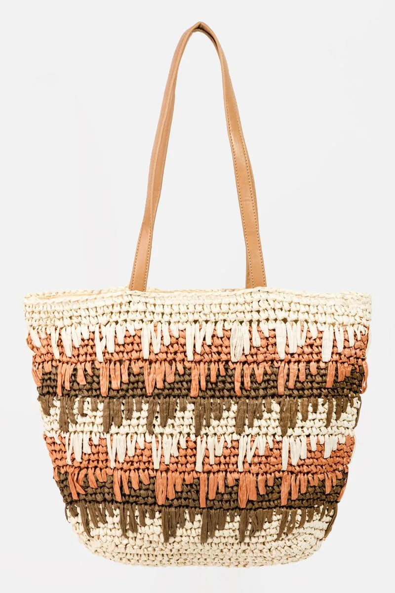 Fame Straw Braided Striped Tote Bag - Wellen Fashion