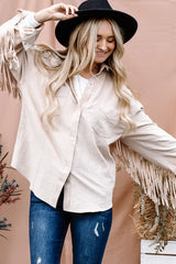 And The Why Full Size Fringe Back Detailed Button Down Shacket - Wellen Fashion