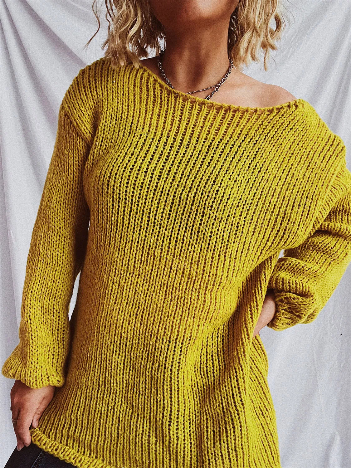 Boat Neck Dropped Shoulder Sweater - Wellen Fashion