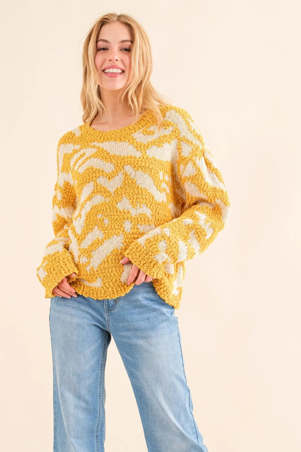 And The Why Full Size Textured Pattern Contrast Sweater - Wellen Fashion