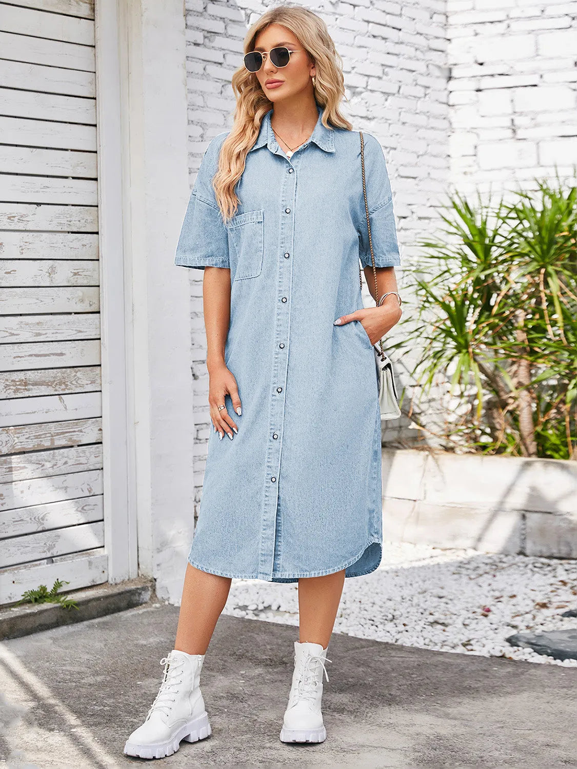 Button Down Half Sleeve Denim Dress - Wellen Fashion