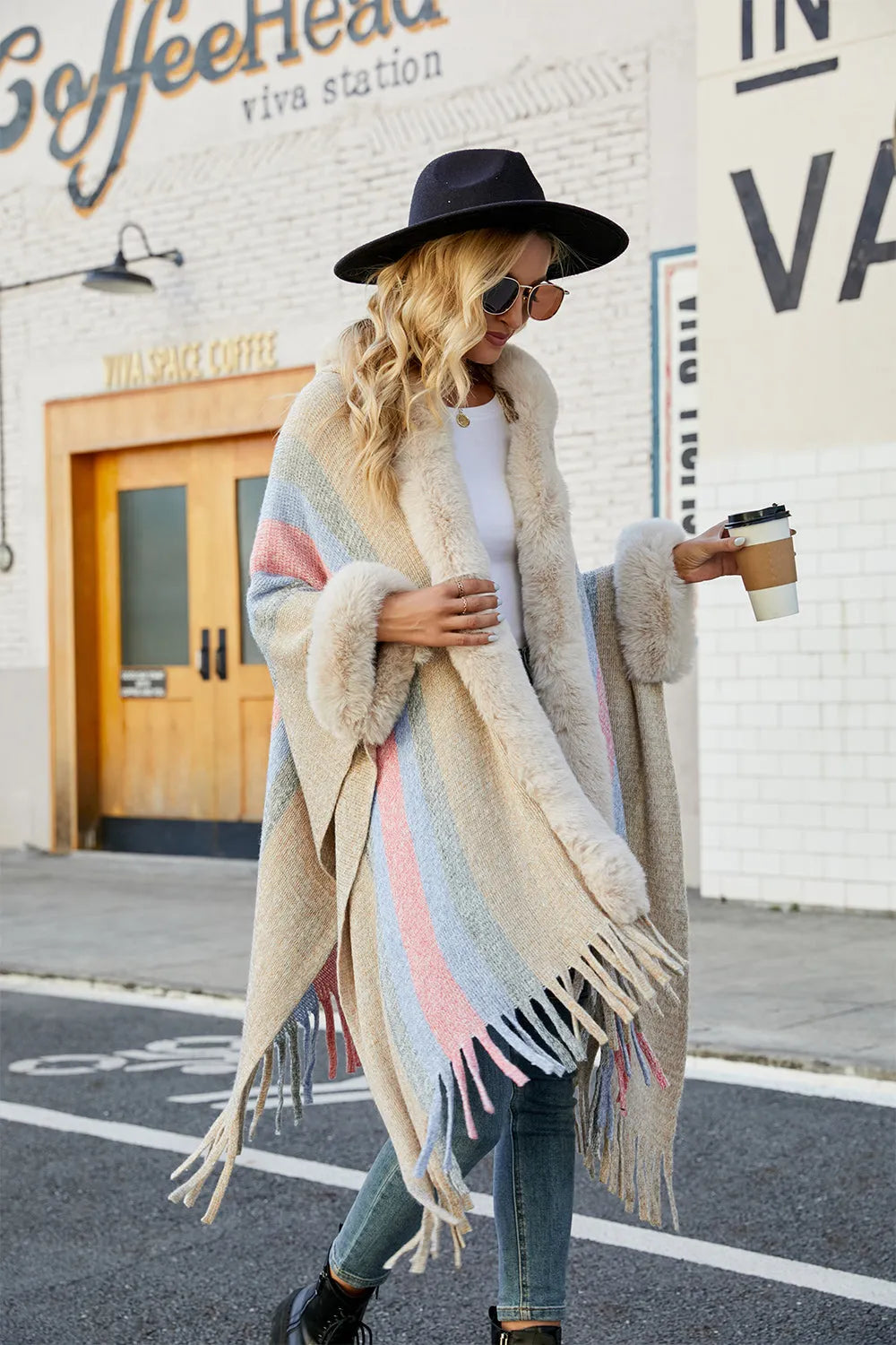 Color Block Fringe Detail Poncho - Wellen Fashion