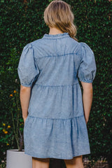 ODDI Washed Tiered Mini Denim Dress - Wellen Fashion