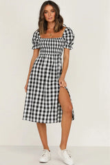 Full Size Slit Plaid Short Sleeve Midi Dress - Wellen Fashion