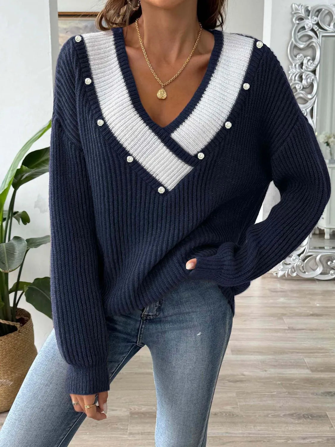 Contrast Trim Dropped Shoulder Long Sleeve Sweater - Wellen Fashion