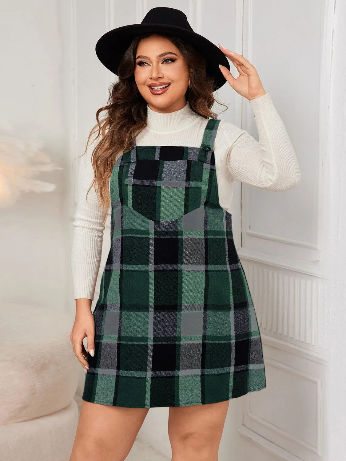 Honey Plus Size Plaid Wide Strap Overall Dress - Wellen Fashion